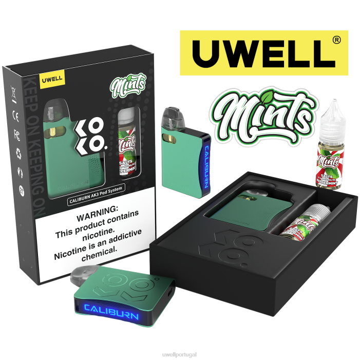 UWELL CALIBURN AK3 kit + cápsulas a3s 0,8ohm (x2) + vapor do papai 10ml sais 50mg crl: ciano/flv: hortelã-pimenta 50mg 22V8242 UWELL Lisbon