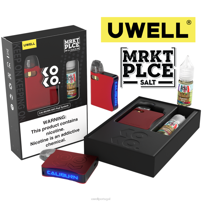 UWELL CALIBURN AK3 kit + cápsulas a3s 0,8ohm (x2) + vapor do papai 10ml sais 50mg crl: ciano/flv: hortelã-pimenta 50mg 22V8242 UWELL Lisbon