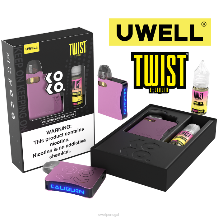 UWELL CALIBURN AK3 kit + cápsulas a3s 0,8ohm (x2) + vapor do papai 10ml sais 50mg crl: ciano/flv: hortelã-pimenta 50mg 22V8242 UWELL Lisbon