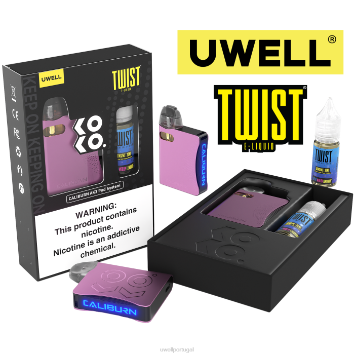UWELL CALIBURN AK3 kit + cápsulas a3s 0,8ohm (x2) + vapor do papai 10ml sais 50mg crl: ciano/flv: hortelã-pimenta 50mg 22V8242 UWELL Lisbon